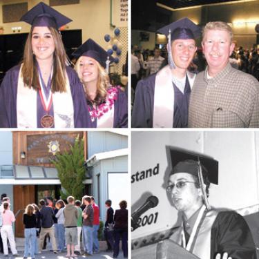 Top left, California Scholarship Federation medal recipient Priscilla Espinoza and fellow 2007 graduate Elizabeth Crown glow at graduation ceremony June 7. Top right, Grad Frank Heilman IV sees Frank Heilman III bursting with pride at the ceremony. Below left, on June 5, 16 grads and parents assemble at sheriff?s substation to face consequences for group vandalism at Frazier Mountain High School. In one week, three youth went to jail for ?pranks,? two with $1.5 million bail. Others were allowed to walk the stage and participate in their graduation ceremony. Bottom right, Valedictorian Matthew Koler.


