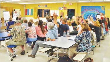 Consultants Tim Haley and John Storey were surprised to see that all but 4 of the 55 people who attended the meeting August 20 own their own homes; 29 have students in the schools; most have lived here for 10 years or more—a uniquely stable community. 