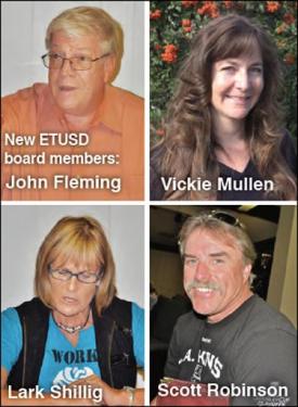 John Fleming, Vickie Mullen, Lark Shillig and Scott Robinson are the newly-elected ETUSD Board members. Fleming is elected to his second 4-year term. He will continue to serve with Anita Anderson. [photos by Gunnar Kuepper, Gary Meyer and Patric Hedlund]