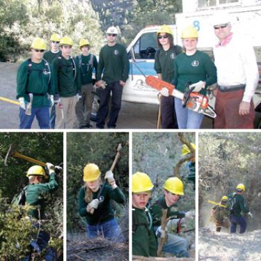 Top, the CREW workers with picks and chain saws, preparing to cut combustible fuel from ridges around homes: (l-r) Christian Rader, David Wildman, Wade Wells, Noah Anderson, Mike Lauchlan, Jon Paul Gaffron, Kailie Shillig and Bill Shillig. Christian Rader (bottom left) and Kailie Shillig (bottom left of center) chopping up dry brush. Bottom right of center, Wade Wells, David Wildman and another CREW member carefully descend a hillside with tools and branches cleared from a ridge. Bottom right, members of The CREW scramble down a steep bank to limb up trees and clear brush on slopes that poses extreme fire hazards for residents living next to forested land.



