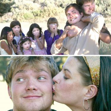 Top: In the opening scene, hunky male lead Orlando (played by Sebastian Muller) and his brother Oliver (played by Adam Muller, also brothers in real life) fight over family issues as the shocked children of the Arden Forest look on. Bottom: Beautiful Rosalind (played by Shannon Norris) reveals her femininity and affection for the smitten Orlando after pretending to be a man and counseling him in the ways to properly woo a lady.
