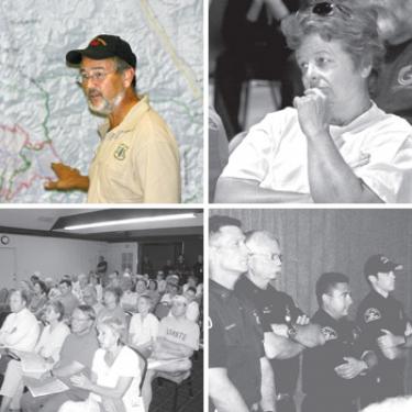 Tim Sexton (top  left), Prescribed Fire Manager for the U.S. Forest Service, in California from Washington, D.C. to serve as Deputy Incident Commander of the Zaca fire, explains the plan to stop the advancing blaze. His hand is on the current fire perimeter (in red). The green lines indicate where back fires will be lit, west of Highway 33 (yellow line behind Sexton?s head). At the Saturday, Aug. 11 Zaca fire briefing in Lebec (top right) at Frazier Mountain High School, Terry Murphy and several other Lockwood Valley residents said they are uncomfortable with the plan to light backfires west of Highway 33. They expressed doubts about firefighting agencies? ability to control back-fire fuel burn-outs to be implemented over the next two weeks. No objections were voiced in the Pine Mountain briefing (bottom left). About 60 people attended the briefing in Pine Mountain. Firefighters stood at the back of the room in a row (bottom right), with Pine Mountain?s new manager Dan Rainey (at far right, in white shirt) listening to cautious discussion of evacuation procedures.
