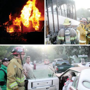 Top left, Los Padres Estates home erupts in flames as oxygen tanks explode [DeMascio photo]. Top right, firefighters from three stations responded to a 5:23 a.m. call Monday, Aug. 20. Bottom, neighbor looks on as Captain Kirk Kushen asks residents Walter Kelley and Bobbi Newell if they wish him to call an ambulance. Both escaped the 5:20 a.m. blaze uninjured and refused. 
