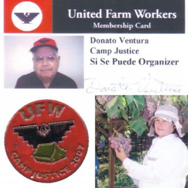 Clockwise, starting at top: Who is this man and why is his picture on this card? Elena Sanchez picks and packs delicious red table grapes. United Farm Workers union Camp Justice 2007 pin.	

