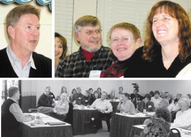 Tom Newton, General Counsel for the California Newspaper Publishers Association (top left) came from Sacramento as guest of The Mountain Enterprise Friday, Jan. 18 to train 50 journalists and community reporters about the Brown Act, open meeting laws and the California Public Records Act. Top right (l-r) LaVonne Lewis, Jim and Fae Lumsden and Karen Coleman enjoy a witty moment during the day-long workshop. Below, the room was filled to capacity with Mountain Enterprise staff, professional and over 40 community reporters.
