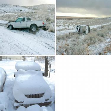 Top, Don Eubank found rolled vehicles on the back roads on his way up from Neenach Thursday morning. Most of our cars looked like this Jeep (bottom) in Frazier Park.
