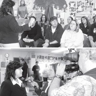 Top, Yolanda Gonzalez, Actiing Director of the Community Action Partnership of Kern?s Head Start program, explains to skeptical parents how the decision was made to close the program here. In back (standing) Anne Weber, Coordinator or the Family Resource Center, listens. In front parents David Evans and Charlotte Deese consider their options. Bottom, Gonzalez speaks with reporter from Bakersfield?s Channel 29, which reported more about the angry questions than the solutions the parents have vowed to find. Early sign-up of qualified children is one of their primary goals.

