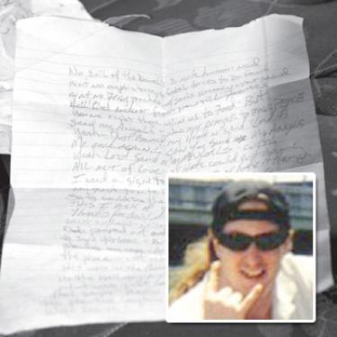 A writing pad was found in the motel room, with overturned furniture (Meyer photo).
Inset photo of Garrett Farn. A Mass is planned for Garrett Sean Farn (Berg photo).



