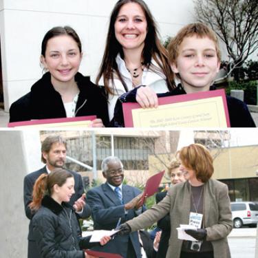 Top photo: Applause and big bucks greeted Sahara Khouja, teacher Sara Haflich and Zach Lewis. Bottom photo: Members of the Grand Jury applaud as The Mountain Enterprise  Editor Patric Hedlund hands check to Sahara Khouja to bring her winnings to $300 for essay on Transparency in Government (Meyer photo). 

