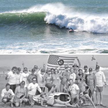 Mark Radis, riding a wave (top) and kneeling (bottom) front row, second from left, with USA team in Costa Rica.