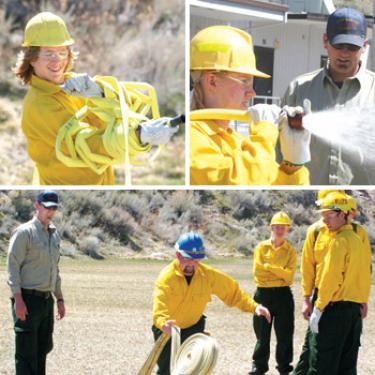 Top (l-r), Student Chris Decker appears wrapped up in his work, winding up hose after a firefighting exercise, U.S. Forest Service Captain Ryan Bridger helps student Shawna Cronkrite adjust hose pressure. Bottom, adult student Colton Buehler gets practice rolling out the hose in preparation for a fire fighting exercise.



