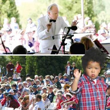 Two year old Devin Lucas (inset) was inspired by Bakersfield Symphony Conductor John Farrer (top) at the free concert in the park Saturday, June 7, which was attended by about 300 guests (bottom) following Wine in the Pines events.

