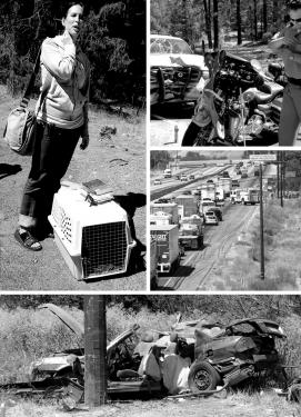 Nuala Ivic (left) of Pine Mountain and her cats, who were in this Dodge Durango (top right) when a Santa Maria motorcyclist slammed into them on Mil Potrero Highway just below the ?Y.? He missed the curve. Traffic backed up on Interstate 5 on Labor Day (middle right) due to a fatal accident near El Tejon School (bottom).


