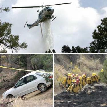 Top, Kern County?s helicopter 408 making a water drop on the fire in Lockwood Valley Thursday, Oct. 2. Bottom (l-r) A crime scene was taped off for investigation not far from the area where the fire was started in Lockwood Valley. The suspect who allegedly admitted starting the fire said she was trying to signal for help after an assault. She then fled a Safe Harbor facility before an investigation could be completed. Fire crews march into the remote burn area of the ?Strip fire.?


