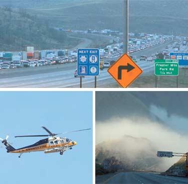 (Clockwise from top): Traffic backed up from Grapevine to Gorman after a big rig lost its brakes and hit 10 vehicles, injuring 11 on New Year?s Eve. Dense fog rolled up the Grapevine from the San Joaquin Valley, forcing the injured to be transported to emergency helicopters waiting in Lebec near El Tejon School.
