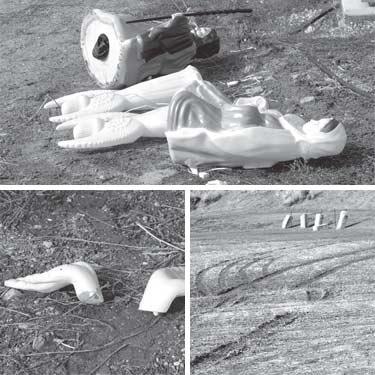 At top, two angels lie face-down in the mud after vandals broke the hands from the Mother Mary figurine (bottom left) and stole Baby Jesus from the Christmas nativity scene at the Lutheran church in Lake of the Woods. Bottom right, four-wheeling in the church parking lot and grounds have also left damage. An electrical junction box had to be repaired and drainage sumps reshaped, an economic burden.


