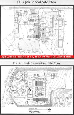 These two site plans show in darker colors the classrooms proposed to be built with the $7.12 million school bond?except that the junior high wing at El Tejon, half of those shown above, will not be built at this time. The I-5 freeway is approximately where the red line is in the top image. The soccer fields are relocated to within 50 feet of the freeway. On bottom, plans for Frazier Park School addition. Items in dark gray will be permanent classrooms.

