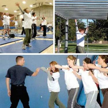 Top left, Patric Hedlund in drills conducted by an Iraq War veteran helicopter pilot, turned CHP drill sergeant. Top right, falling short, very short, on the monkey bar portion of the obstacle course time trial. Below, learning elbow jab tactics to disarm an assailant.
