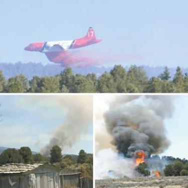 Top, Karen McKinley from the USFS sends this photo of Tanker 17 dropping retardant on the fire. Bottom (l-r),Melissa Yoes, sent this image of the smoke seen from the end of Sutter Court in Pinon Pines; the fire becomes explosive as it moves into a stand of Pi?on Pine trees, about two hundred yards northwest of the campsite where it appeared to have started. On Saturday, April 18 Community reporters called 245-NEWS and sent photos of the Lockwood Valley fire to BreakingNews@MountainEnterprise.com 