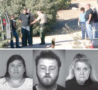 Top, Lockwood Valley horse owners Ernie Bor (left, in black shirt) and Joan Bor (far right) are taken into custody by Ventura County Sheriff?s deputies at the Bors? Cochema Ranch, October 8, 2008. Bottom, Cecelia, Ernie and Joan Bor.
