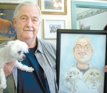 Bob Shanks and his dogs posed for a caricature portrait during the first-ever joint fundraiser for Cause 4 Cats, Mountain Communities SPCA, Shelter on the Hill and Sundust and Ferdie Animal Hospice. The event was sponsored by Mountain Aire Veterinary Hospital and may signal a new era of cooperation. Three artists from Magic Mountain were hired to draw caricatures of people with their pets and raise funds for all local shelters. By the end of the day, $635 was raised and donated to the local shelters. Many thanks to all community members who donated, particularly Elsie and Jim West and Rick and Diane Garcia who were especially generous.
