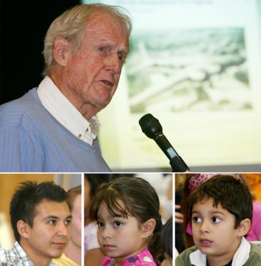 Top: Richard Hoegh of Frazier Park told of his World War II experiences. Bottom (l-r): Christian Gomez went to Gorman School for five years, where his mother works. He graduated from high school, then served in the U.S. Navy from 2004 until just last Sunday, Nov. 8, 2009. Kindergartners and first graders learning about World War II.

