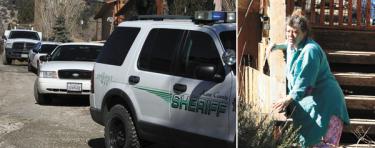 Left: Four of the six Kern County vehicles on Elm Trail Monday morning in Frazier Park to assist with the eviction and arrest of Kimberly Maggio, 49. Kern County’a Sheriffs, Code Compliance and Animal Control offices joined together to escort Maggio from the premises. Animal Control removed seven dogs, 12 cats and one rat living in the home (a small dead dog was found in the freezer). Right:  Maggio on the steps of the foreclosed home on Monday, Feb. 8. She was arrested by Animal Control officers on 20 counts of felony animal cruelty.