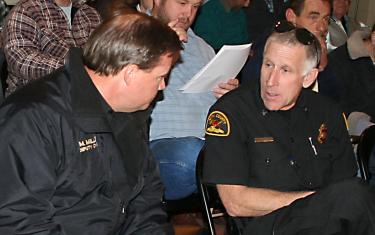 New fire marshal David Goodell (right) was introduced to the Lebec County Water District by Kern County Fire Department Deputy Chief Mike Miller (left) at the February 1 LCWD meeting.