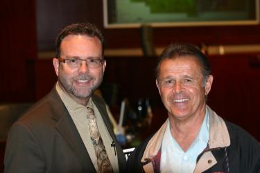 Cornerstone Engineering's Darril Whitten (left) with a tired but happy Frank Arciero, Jr., after winning what could be the next to the last vote in a seven-year battle for the Frazier Park Estates development in Lebec. [photo by The Mountain Enterprise]