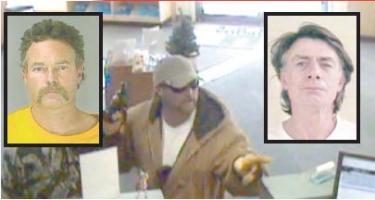 Robert Alan Peters (inset left), shown here waving a gun in an Oregon bank robbery, and Anthony Arrigo (inset right) were both convicted of the crime. 
