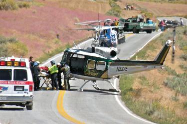 The U.S. Forest Service, the Kern County Sheriff’s Office, Kern County Fire Department, American Medical Response (AMR) ambulance and Mercy Air coordinated an impressive logistics feat in the middle of Cuddy Valley Road to assist a dirt biker injured in Salt Creek Canyon on September 12.