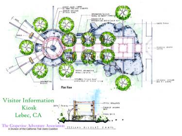 Architectural drawing of the proposed Visitor Information Kiosk to be built on the northeast corner of the Flying J property near Interstate 5. The kiosk is designed to create a welcoming gateway to the Mountain Communities and to the attractions of Kern County.
