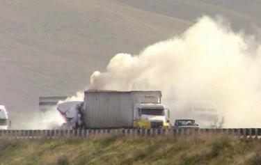 At about 1:20 p.m. Friday, Jan. 7 a runaway big rig lost its brakes near El Tejon School and went smashing down the steep Grapevine grade at 100 miles per hour. It crashed into the back of this Freightliner, erupting into flames. See Video Interview below.