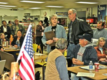 Margaret Rhyne (standing, center) is a co-founder of the Friends of Antelope Valley Open Space. They joined with Westside Concerned Citizens and the Fairmont Town Council to file two appeals on January 3 and 4 with the Los Angeles County Planning Department against allowing a large-scale solar facility to be built with no environmental impact report.
