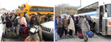 The Boy Scouts of America Camp at Mil Potrero Park was hosting a group of about 80 youth and counselors from the About Face Cadet Corps (AFCC) youth program. Here, rescued AFCC members transfer their gear from the county buses to their chartered schoolbuses.