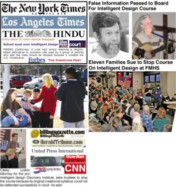 Clockwise, from left: An international news story centered at Frazier Mountain High School erupted in January 2006. Right top: The passing of false information to the ETUSD Board of Trustees in December 2005 by the high school principal and the superintendent led to eleven families suing the district (right bottom) when a Philosophy of Intelligent Design class proposed by teacher Sharon Lemburg with Principal Dan Penner and Superintendent John Wight was approved by the board. The events took place shortly after federal courts had ruled such courses unconstitutional. Parents pointed out that science labs at the school were not functional and science courses at the school were minimal at the time.[Hedlund photos for The Mountain Enterprise]