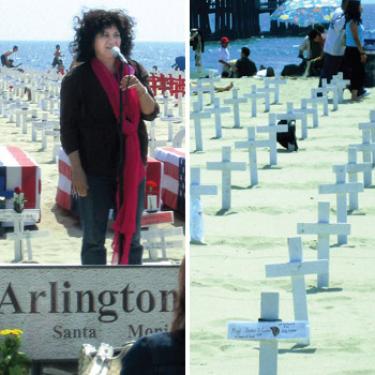 (left) Yannar Mohammed (right) Memorial crosses, Jewish stars and Islamic crescents in Arlington West Memorial at Santa Monica beach on Mothers Day.

