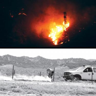 Flames rage in Quail Canyon, near Gorman (top), on Saturday night, May 19, about 10:30 p.m. Spot fires kept breaking out along Interstate-5 and through the mountains as winds began to rise Saturday. Bottom, a State Parks employee quickly puts out a burning patch along the freeway.

