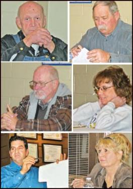 Clockwise, from top left: William Hopper, Board Chair Delbert Clowes, Millie Karr, Julie McWhorter, Water District Manager Charles Grace of APT Water Services and Thomas Kermode at the first meeting of the new Lebec County Water District Board.