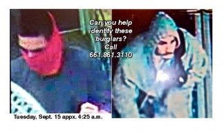 These two alleged burglars broke into the Frazier Park Pharmacy on September 15, 2015 at about 4:25 a.m. If you can help to identify them, please call Kern County Sheriff's Office at 661.861.3110 or call the Frazier Park substation for Lead Deputy Brian Knox at 661.245.3440. See the full story in this week's issue of The Mountain Enterprise.  Double click on this photo to enlarge it.