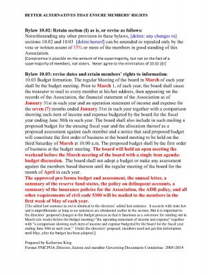 Page 2 of PMCPOA's 10.02-I and 10.03 bylaws that the board of directors are being asked to amend. An alternate amendment is offered on this page, by Katherine King, 18 year PMC resident, former board member, 8 year member of the PMC Governing Documents Committee. Double click on this image for a full size printable image.