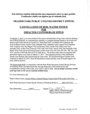 Click to enlarge the Cancellation of the Boil Water Notice.