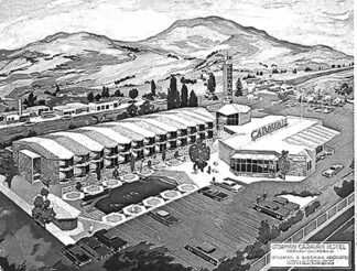 An illustration of the Caravan Motor Inn, circa 1967, used for promotion of the new motor inn.