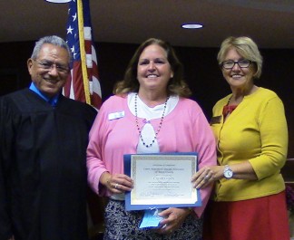 The Honorable Louie L. Vega is the Kern County Juvenile Court judge who swore in CASA graduate Cassie M. Coder with CASA Executive Director Colleen A. McGauley. The ceremony took place on Wednesday, Aug. 5. Two of the 17 volunteers were from the Mountain Communities. [CASA photo]