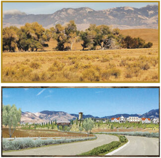 [Top: photo by Climate Resolve; (above) artist's rendering of the proposed entry to Centennial at Tejon Ranch]