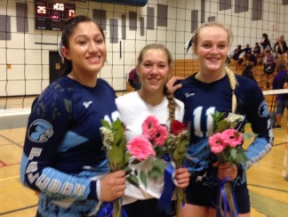 Falcons have a 7 p.m. home game on Wednesday, at 7 p.m.  in the state finals  Here (l-r) Senior Falcon volleyball champs Alexa Fausto, Carissa Rivette and Elliana Shillig are part of the winning combination that is fighting toward a State title this month. 