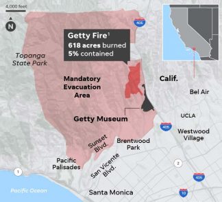 Commuters alert: Check roads surrounding Getty Center, adjacent to 405 and Sepulveda Pass before traveling. CalFire maps show fire adjacent, but CHP alerts show roads were open at 7 a.m. Tuesday. Conditions change. Motorists are advised to check your routes before traveling.  [Map compliments of CalFire]