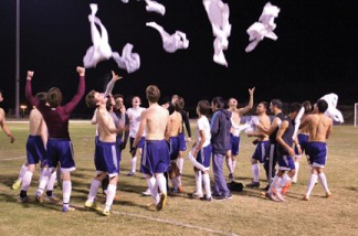 Jerseys flew into the night sky like a flock of birds to celebrate Frazier Mountain High School’s victory Tuesday, Feb.10 for their second Falcon championship in a row. [Jeri Onyshko photo]