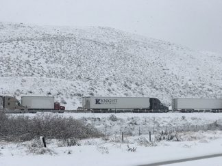 While Interstate 5 was blocked for about 6 hours with snow and jack-knifed big rigs, those seeking alternate routes on Gorman Post Road and Ralphs Ranch Road also got stuck in bumper to bumper snarls. [Jeff Zimmerman photo]