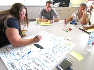 Excitement is growing among teachers and staff of ETUSD schools. The focus is no longer on survival, it is on creating a dynamic learning community. Above: On Monday, April 18 the staff shared a brainstorm about goals for ETUSD students.
Here, Teachers Corey Hansen, Paula Harvey, Emily Lee and Technology coordinator Thomas HungerHurst share ideas and student-centered goals. [Patric Hedlund photo]
